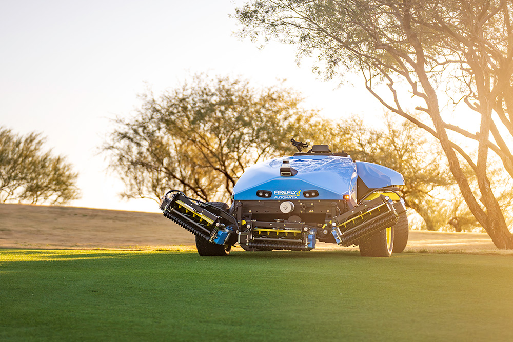 FireFly AMP-L100 autonomous lawn mower with lifted cutting decks