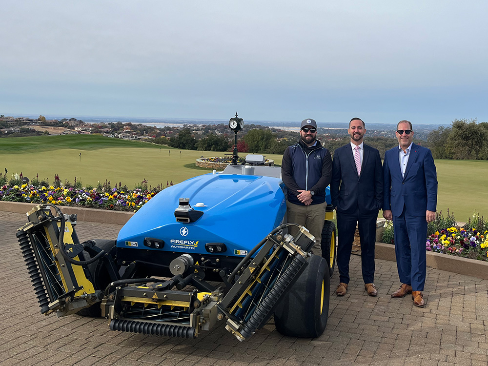 Serrano Country Club leaders Brandon Wagner Josh Rumsey Paul Koojoolian with their new FireFly AMP mower