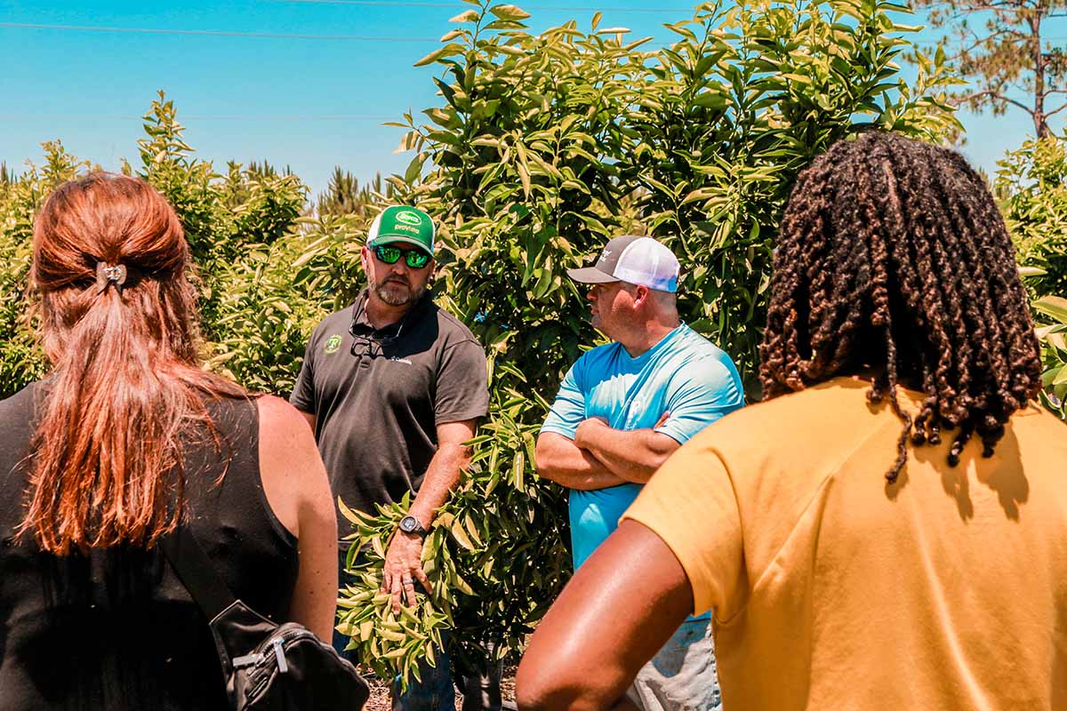 Eric Hjort showing tangerine trees at Tater Farms to visitors