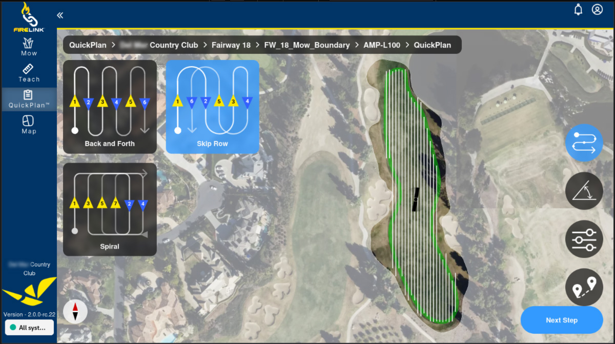 screenshot of FireFly QuickPlan path planning software showing mow areas, operating areas, and keep out zones