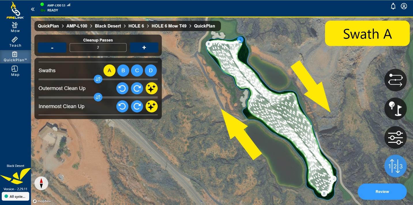QuickPlan screenshot showing a 50-50 mowing path labeled Swath A