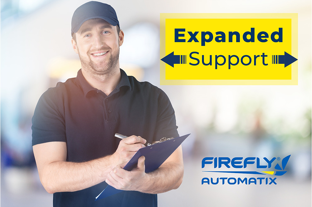 man smiling with clipboard and pen. Expanded Support. FireFly Automatix logo