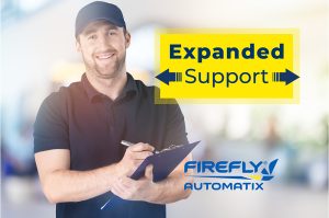 Smiling man holding pen and clipboard with words "Expanded Support" and FireFly Automatix logo
