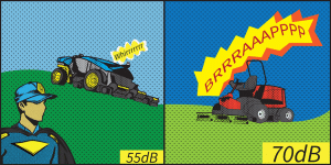 alt="Pop-art comic shows two fairway mowers with noise levels. Left: FireFly AMP-L100 labeled 55 dB with soft 'Whirrrrr.' Right: conventional mower labeled 70 dB with loud 'BRRRAAAPPPP.' Emphasizes quieter operation of the all-electric FireFly AMP-L100."