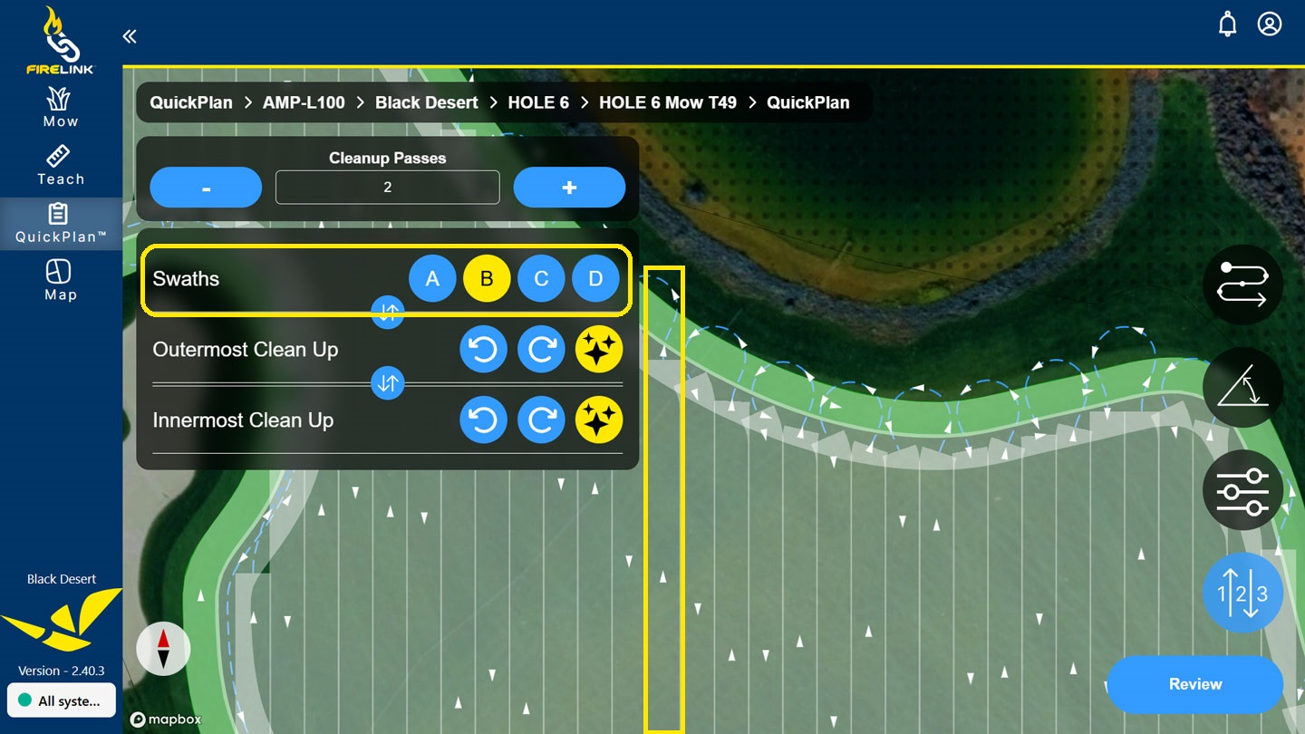 Sample QuickPlan path emphasizing the chosen swath B path direction.