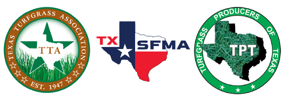 Texas Turfgrass Assoc logo, Texas SFMA logo, Turfgrass Producers of Texas logo