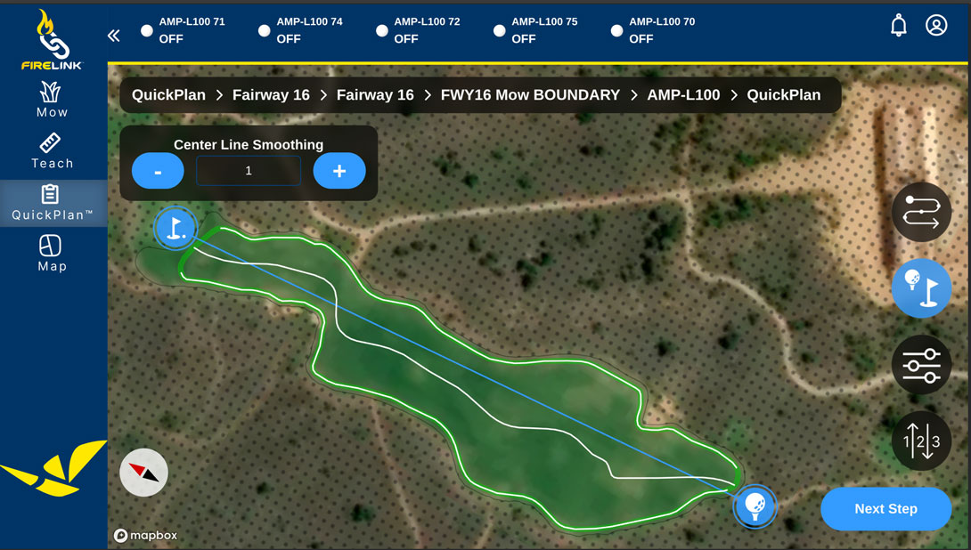 Centerline on a sample fairway with the Centerline Smoothing value set to 1.