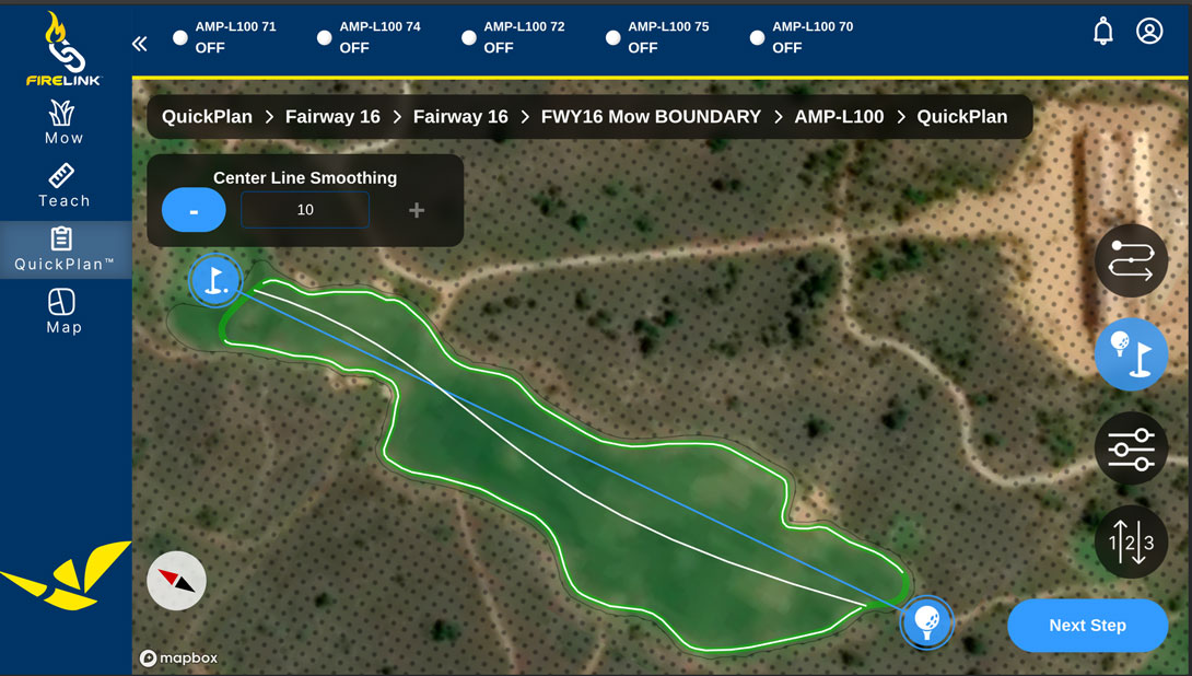 Centerline on a sample fairway with the Centerline Smoothing value set to 10.