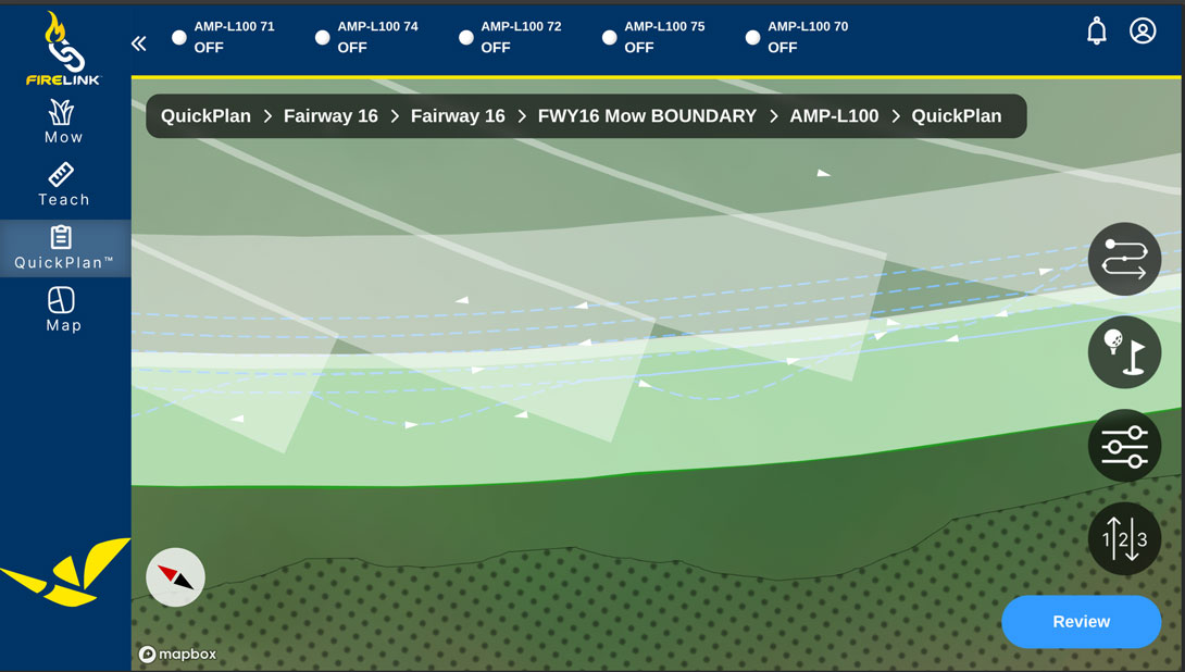 Close up of a sample plan emphasizing the connecting paths automatically generated at random offset distances from the cleanup passes to prevent excess turf wear.