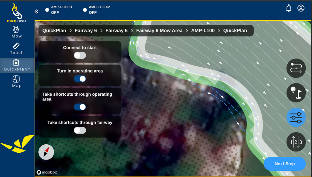 Sample plan with Take shortcuts through operating area toggled on, with shortcut paths generated in the operating area to connect broken swaths.