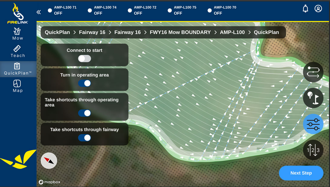 Sample plan with Take shortcuts through fairway toggled on, with shortcut paths generated in the mow area to connect swaths.
