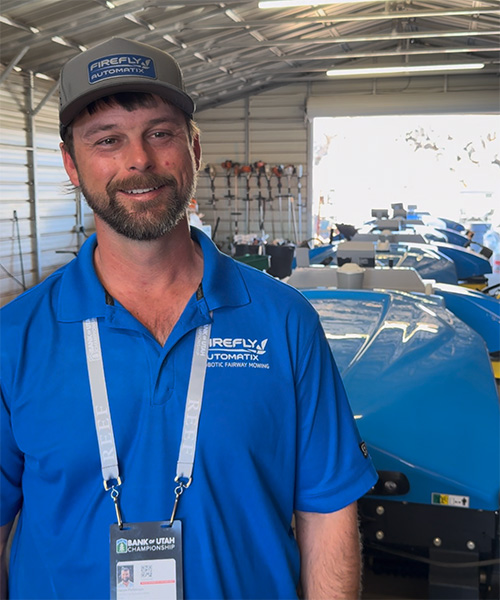 Hazen Patterson with FireFly robotic fairway mower fleet