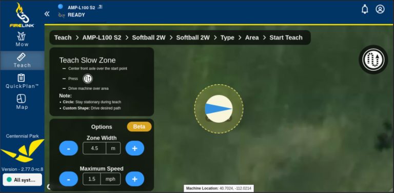 The Teach Slow Zone screen in FireLink outlining the procedure to teach a slow zone.