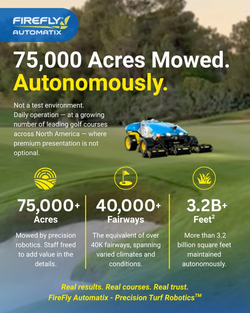 Infographic showing FireFly Automatix mower on golf course with text: 75,000 acres mowed. Autonomously. ot a test environment. Daily operation — at a growing number of leading golf courses across North America — where premium presentation is not optional. 75,000+ Acres: Mowed by precision robotics. Staff freed to add value in the details. 40,000+ Fairways. The equivalent of over 40K fairways, spanning varied climates and conditions. More than 3.2 billion square feet maintained autonomously. Real results. Real courses. Real trust. FireFly Automatix - Precision Turf RoboticsTM