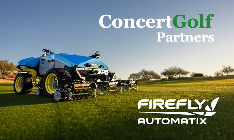 robotic mower on green grass with logos of Concert Golf Partners and FireFly Automatix