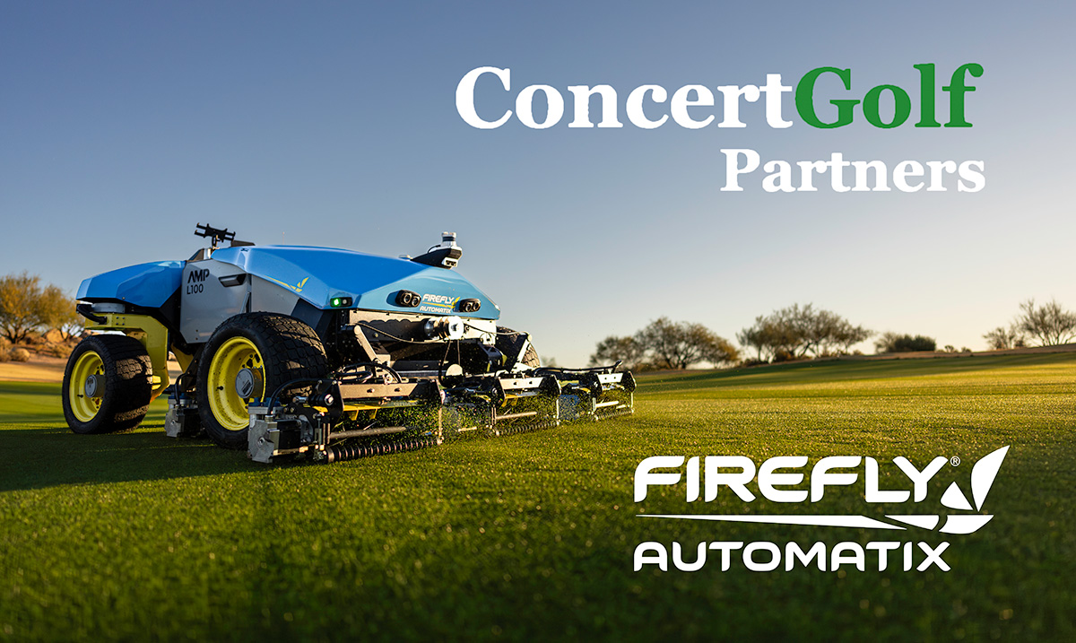 robotic mower on green grass with logos of Concert Golf Partners and FireFly Automatix